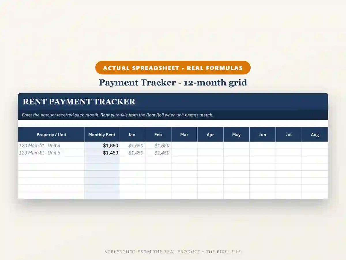 Rent Payment Tracker spreadsheet showing a twelve-month grid with two
                  units, monthly rent of $1,650 and $1,450, and January and February
                  already filled in.